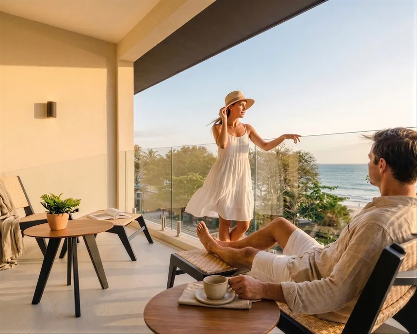 Guests relaxing on the oceanfront balcony